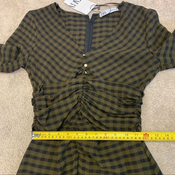 Zara Black brown check draped long sleeve V-neck dress Sz XS NWT New with tag - Picture 7 of 10